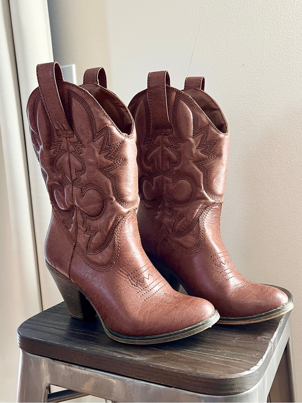 Call It Spring brown vegan leather Western cowboy boots in size US 7.5